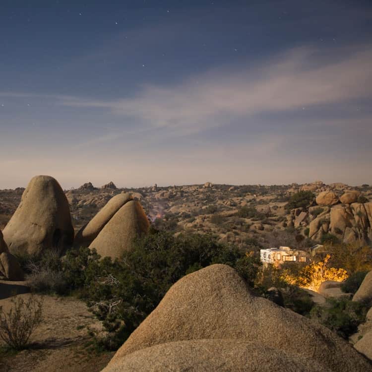 rv camping in a rocky desert